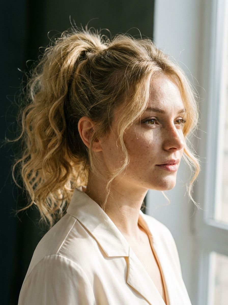 Voluminöser hoher Ponytail mit Locken - Frisuren mit Lockenstab